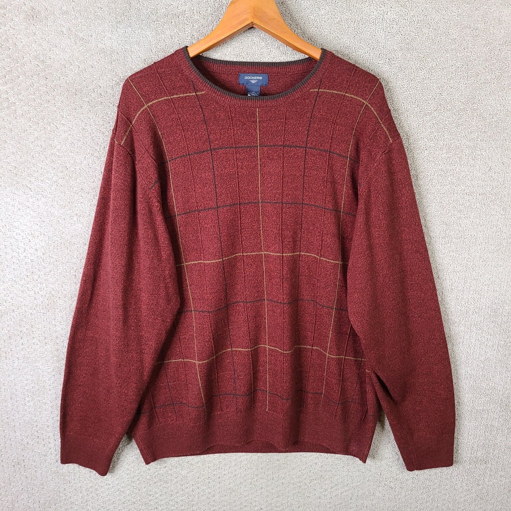 Vintage Dockers Sweater Mens 2XL Burgundy Check‎ Crew Neck Acrylic Casual